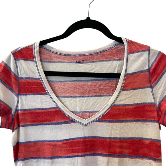 Gap Red White Blue Striped Shirt Tee Short Sleeve V Neck Women's Size Medium - Picture 3 of 4
